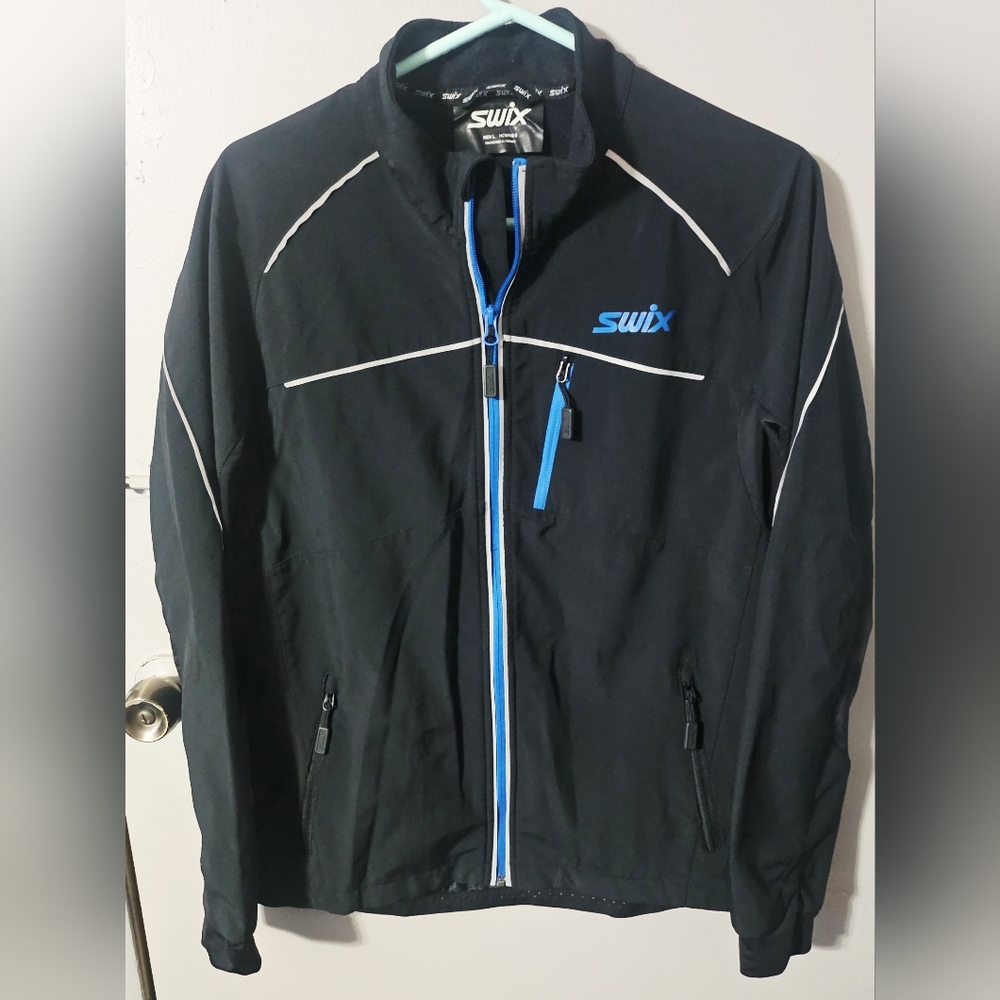 Mens Swix Delda Light Softshell zip up jacket Black/royal blue size LG